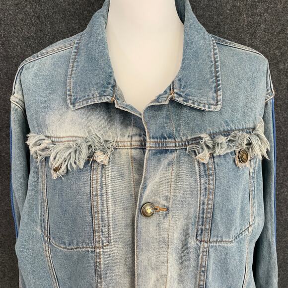 Pink Dolphin Women’s Denim Jacket XL Light Wash Distressed Frayed Hem Streetwear - Picture 3 of 15